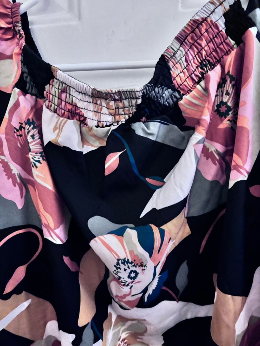 SHEIN Black Floral Off-Shoulder Blouse Black with Pink & Cream Blooms - Picture 3 of 5